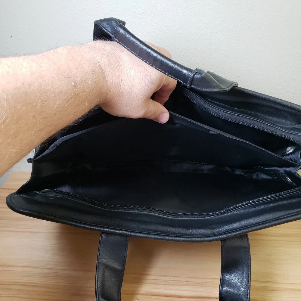 American Tourister Leather Briefcase Black Office Commuter Bag Travel Buisness